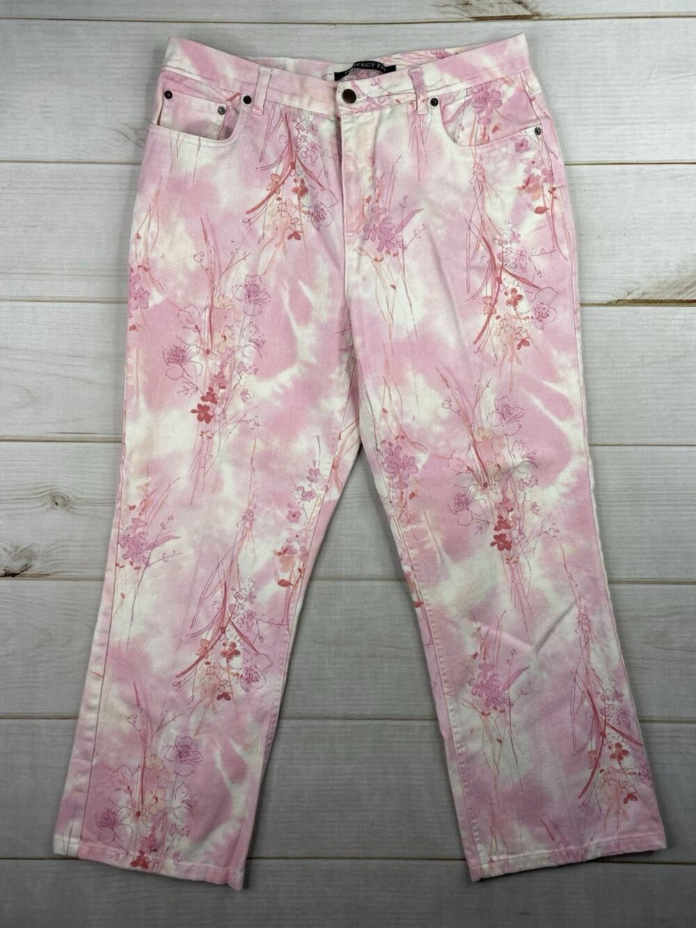 VTG Bill Blass Jeans Womens Sz 12 Short Pink Floral Print Straight Fit high Rise